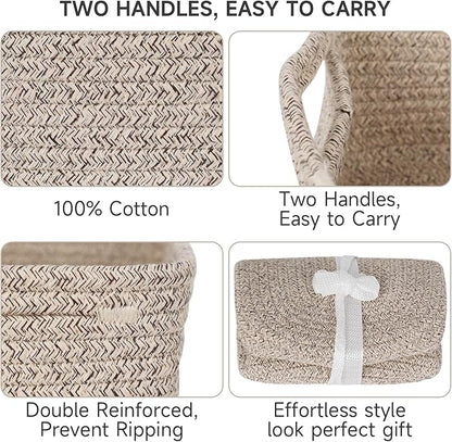 3-Pack Small Storage Baskets for Organizing | Woven Shelf Toy Basket | Rope Baskets for Gifts Empty | Closet Organizer Bins with Handles | Cube Decorative Box | 11.8×7.8×5.1” | Mixed brown