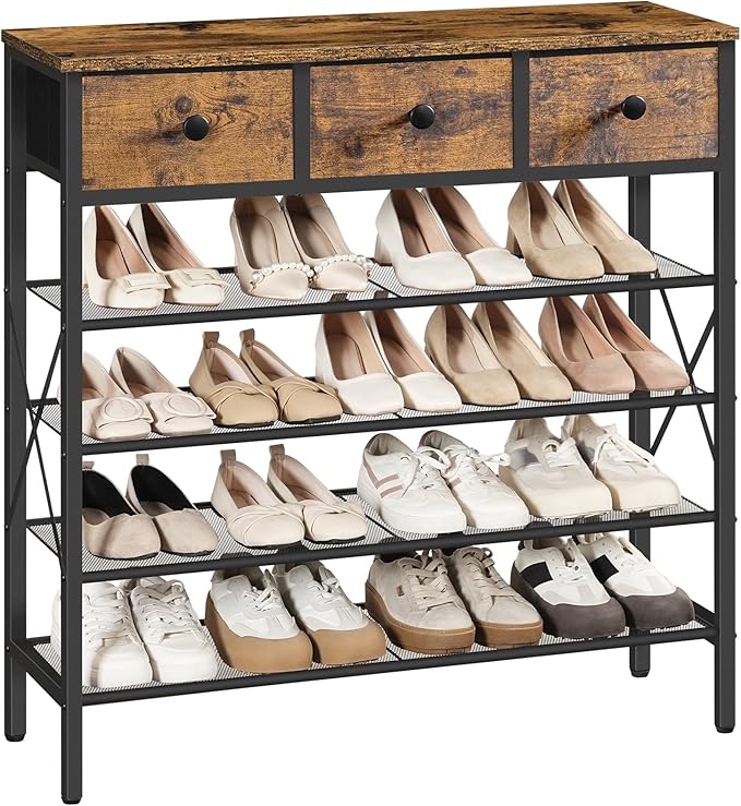 YATINEY 5-Tier Shoe Rack with 3 Drawers, Metal Shoe Organizer for 20 Pairs with Storage Shelves and Wooden Top, for Entryway, Hallway, Foyer, Closet, Rustic Brown and Black SS35BR