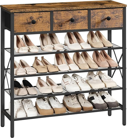 YATINEY 5-Tier Shoe Rack with 3 Drawers, Metal Shoe Organizer for 20 Pairs with Storage Shelves and Wooden Top, for Entryway, Hallway, Foyer, Closet, Rustic Brown and Black SS35BR