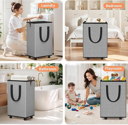 SpaceTrove Laundry Basket with Wheels, Collapsible Laundry Baskets, Laundry Hamper with Handles Detachable Wheels, Rolling Laundry Basket, Dirty Clothes Hamper for Bathroom, Dorm, Bedroom, Grey, 100L