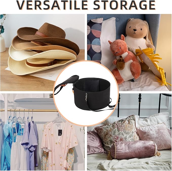 Pehciroe Modern Black Round Hat Box Storage, Portable Felt Travel Hat Boxes with Translucent Dustproof Lid and Shoulder Strap, 16.9" x 8.3" x 8.3"