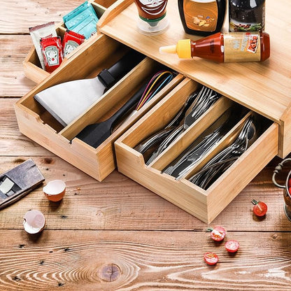 SOUJOY Bamboo Drawer Organizer for Coffee Pod, K Cup Organizer for Counter, Tea Bag Storage Organizer with Drawer and Side Storage Box for Kitchen Office Coffee Bar