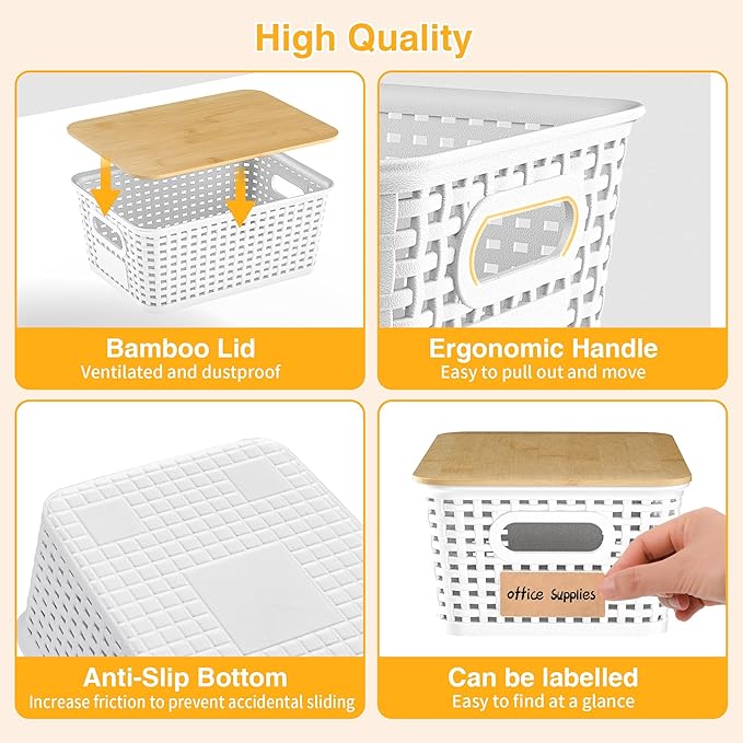 Plastic Storage Baskets with Bamboo Lids and Labels, Stackable Storage Containers, Storage Bins for Organizing Shelves Drawers Desktop Closets Office, 6 Packs-White