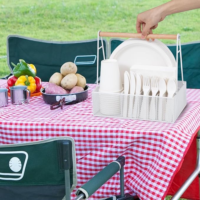 Paper Plate Organizer with Handle for Countertop, Metal Silverware Caddy for Cup, Napkin, Fork and Spoon, Paper Plate and Utensil Holder, Cutlery Caddy for Party, Camping, Picnic (White)