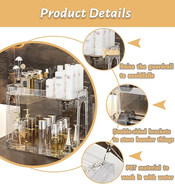 VNIMTI Skincare Organizers 2 Tier, Makeup Organizer Countertop, Cosmetic Display Cases, Makeup＆Skincare Organizer for Vanity, Desktop, Bathroon, Ideal for Women (Free Standing - Clear)