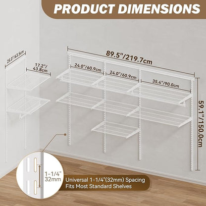 Closet System Wall Mounted 4-9.5 Ft, Heavy Duty Adjustable Wire Shelving with Hanging Rod, Custom Organizer Kit for Bedroom Laundry Mudroom, White