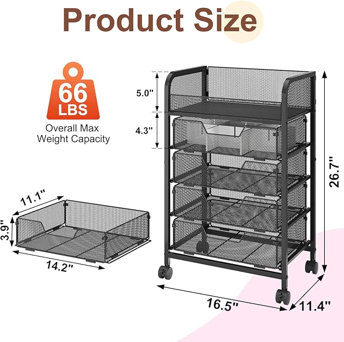 Hongtamoya Makeup Cart Organizer with 4 Drawers, Vanity Storage Organizer, Large Floor Skincare Organizers Cosmetics Display Cases for Skin Care Perfume Nail Polish, Black