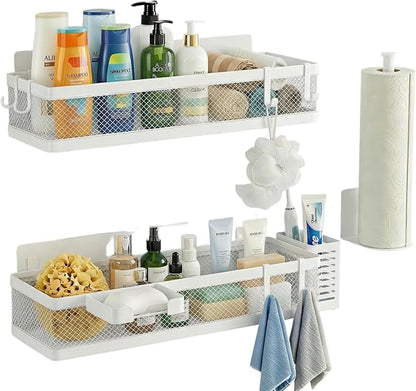 PUSDON 5-in-1 16.5" Extra Long Slim Wall Mount Wrapped Mesh Kitchen Organizer & Shower Caddy Kit, with Paper Towel Holder, Utensil Holder, Soap Dish, Holds 50LBS - White, Netting