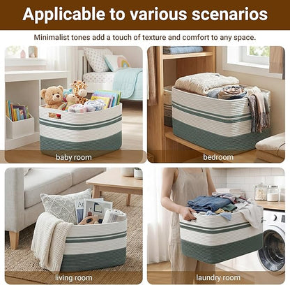 75L Large Blanket Basket, 22"x17"x12"Rectangle Cotton Rope Woven Storage Basket with Handles, Laundry Hamper for Living Room, Nursery, Bedroom - Chemical-Free, Kid & Pet Safe - Sage Green