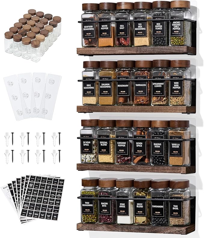 4-Tier Wall Mount Spice Rack Organizer with 24 Glass Jars, 216 Labels & Funnel - Screw/Adhesive Mount, Black Metal & Wood Spice Storage for Kitchen Pantry Cabinet, 11.6”W x 2.4”D x 3.2”H