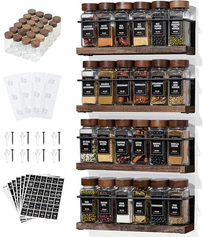 4-Tier Wall Mount Spice Rack Organizer with 24 Glass Jars, 216 Labels & Funnel - Screw/Adhesive Mount, Black Metal & Wood Spice Storage for Kitchen Pantry Cabinet, 11.6”W x 2.4”D x 3.2”H