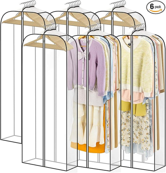 LANDNEOO 6 Pack Clear Garment Bags for Hanging Clothes with Zippers on Double Sides - 10'' Clothes Storage for Coat, Dress, and Fur in Closet - 60'' Long Suit Bags