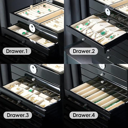 Wooden Jewelry Box Fingerprint Lockable 9-Layers Extra Large Capacity Jewelry Cabinet for Necklace/Rings/Pendants/Bracelets/Watches/Sunglasses Storage&Organizer Women Gifts (Greenwood)