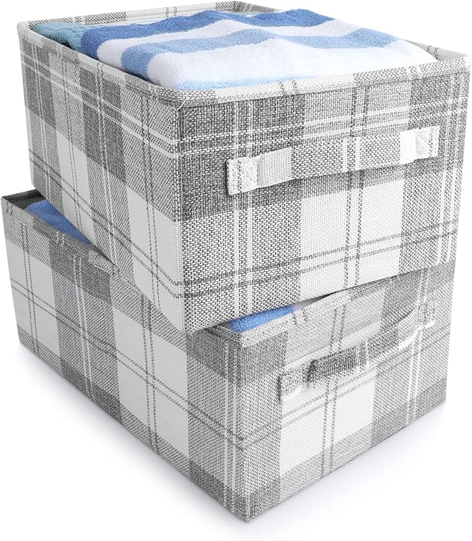 ANMINY 2 Pack Closet Storage Baskets for Shelves, 16 x 10 Inch Collapsible Fabric Storage Bins Washable Cloth Closet Organizing Bins Decorative Storage Baskets with Handles, Light Gray