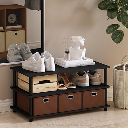 Furinno Turn-N-Tube Shoe Rack, 3-Tier Compact Shoe Organizer, Toolless Shoe Storage with Bin Drawers and Open Shelves, 15.5 x 31.2 x 15.4, for Closet Entryway, Office, Garage, Black Oak