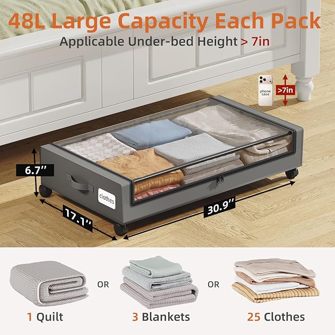 Somdot Under Bed Storage with Wheels, 2 Pack Bed Storage Containers with Dividers & Clear Lids, Easy Pull-out Metal Drawer for Clothes, Shoes,Toys, Blankets (Charcoal Grey)