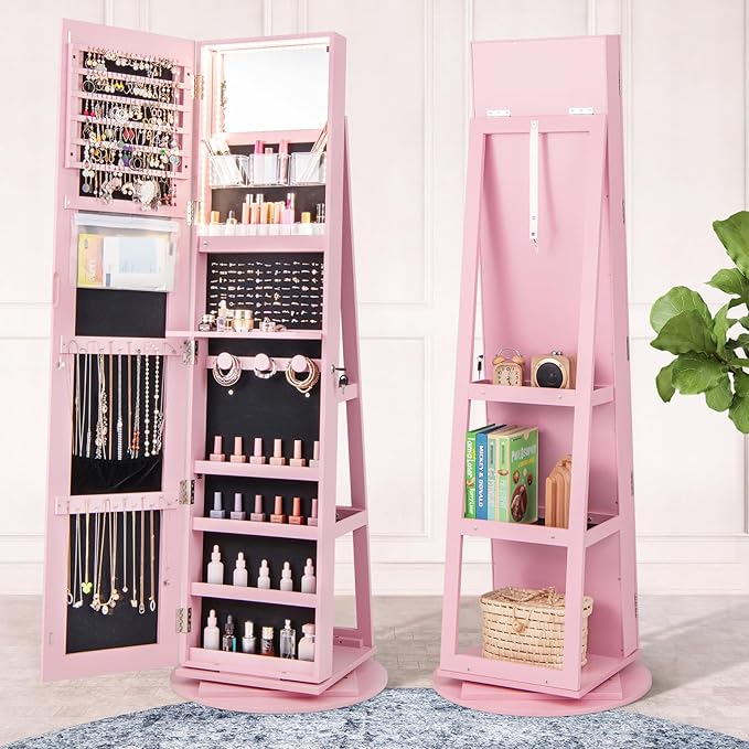 Multigot 3-Color LED Lights Jewellery Cabinet, 3-in-1 360° Swivel Jewelry Armoire with Full-Length Mirror, Lockable Cosmetic Storage Organizer for Dressing Room Living Room Bedroom (Pink)
