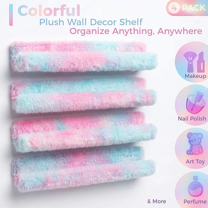 Care&More YJ 15 Inch Nail Polish Shelves, 4-Pack Fuzzy Display Nail Polish Rack for Storing Nail Bottles, Sunglasses, Essential Oils, Plush Soft (Purple)