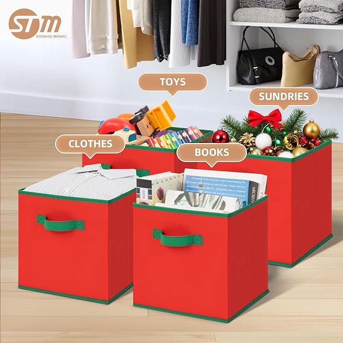 STORAGE MANIAC Storage Cubes, 11 Inch Durable 6 Pack Storage Shelf Basket for Christmas, Fabric Foldable Collapsible Bins with Handles for Organization, Closet, Shelves, Offices, Toys, Red