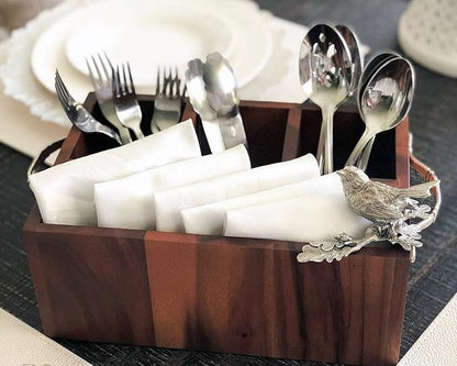 Vagabond House Caddy Rectangle Acacia Wood Flatware/Serve ware/Utensil/Carry-All Holder Solid Pewter Song Bird Accent and Real Leather Handles, 3 Small and 1 Larger Compartment 13.5 inch Long