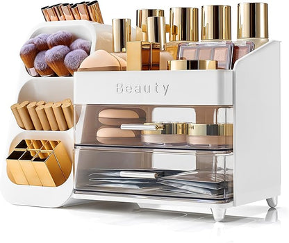 Makeup Organizer for Vanity with Brush Holder, Countertop Makeup organizer with Drawers for Skincare, Cosmetics, Perfumes, Eyeshadow Palettes, Spacious Cosmetic storage organizer