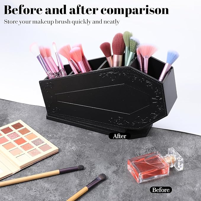 Coffin Makeup Brush Holder Gothic Wooden Organizer Spooky Coffin Case Gifts for Women Cosmetic Display Cases Spooky Home Office Pencil Brushes Organizer Bathroom Christmas Decor Accessories