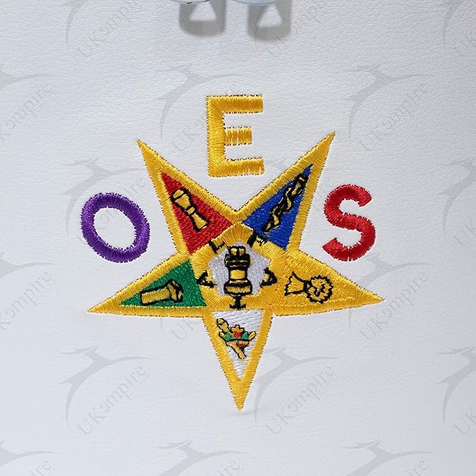 Premium Masonic OES Fez Hat Case White Leather, O in Purple Eastern Star Dual Emblems Front & Top (Machine Embroidery) with Shoulder Strap