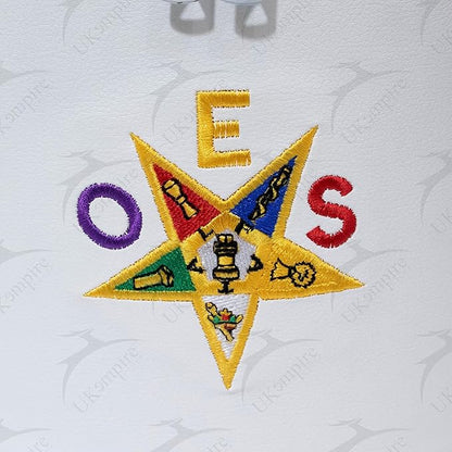 Premium Masonic OES Fez Hat Case White Leather, O in Purple Eastern Star Dual Emblems Front & Top (Machine Embroidery) with Shoulder Strap