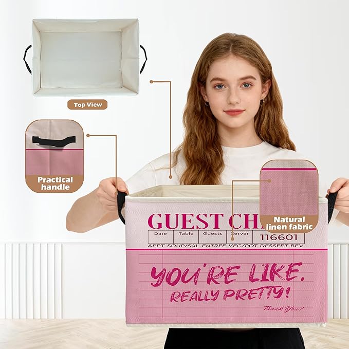 Trendy Preppy Pink Storage Box Bins, You're Like Really Pretty Guest Check Collapsible Storage Basket Organizer for Girls Room Laundry Room Apartment Clothes Books, Decor for Room