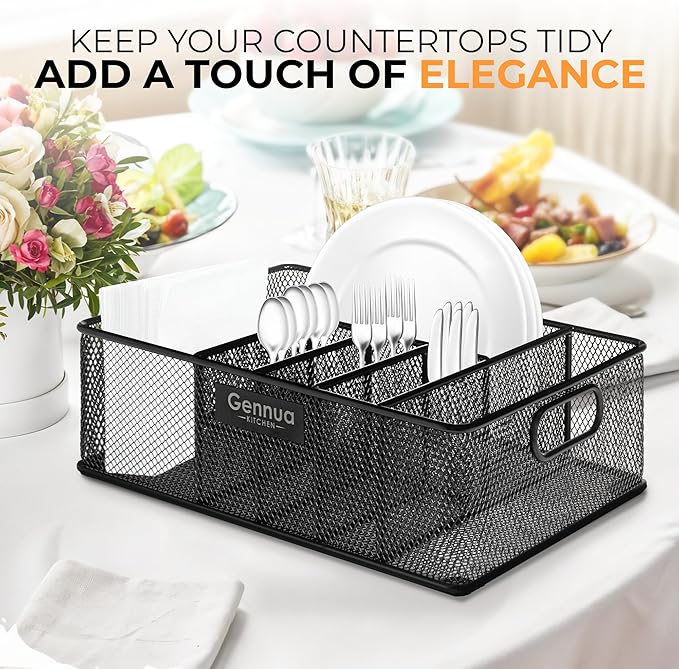 Gennua Kitchen Paper Plate Organizer for Cabinet, Counter, Picnics, Parties & More, Extra Large Utensil Caddy Crafted of Thick Iron Mesh With 6 Compartments for Paper Plates & Plastic Silverware