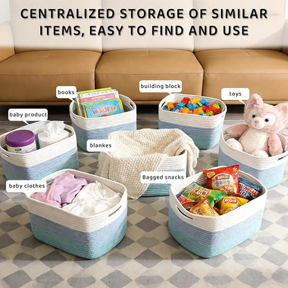 4 Pack Storage Baskets for Organizing, 12''Lx9''Wx8''H Woven Baskets for Storage Toys, Towels, Books, and Clothes, Cotton Rope Basket for Shelves with Handle White & Brown