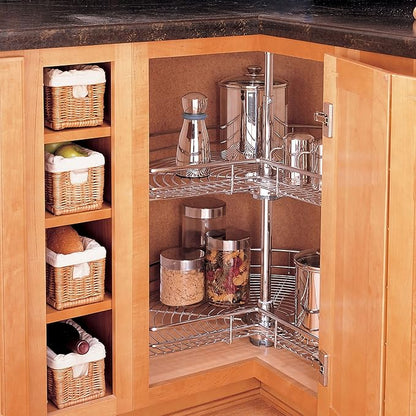Rev-A-Shelf Dual Shelf Kidney-Shaped Lazy Susan Organizer for Corner Base Kitchen Cabinets, Rotating Turntable Storage Wire Trays, Chrome, 5472-28 CR