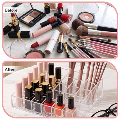 Mumufy Lipstick Holder Clear Acrylic Organizer Makeup Lip Gloss Organizer Plastic Cosmetic Display Case for Lipstick Brushes Bottles Perfume Essential Drawer Vanity Bathroom (36 Slot)