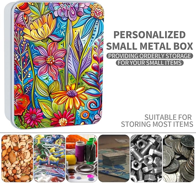 Metal Tin Box Sturdy Metal Storage Box with Lid, Large Container Holder for TCG Cards,Car Keys,Cookies,Tin Containers for Gift,5.0x3.7x1.6 Inch,Exquisite Pattern Design(Colorful Flowers)