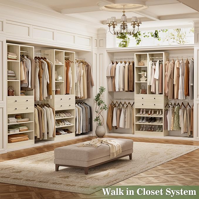 Besiost Closet System, 4.2–8.8 FT Closet Organizer with 2 Wooden Drawers and Shelves, Walk-in Closet System with 5 Hang Rods, Built-in Closet Tower, Can Fit 60 to 96 inch, Greige Oak