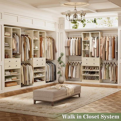 Besiost Closet System, 4.2–8.8 FT Closet Organizer with 2 Wooden Drawers and Shelves, Walk-in Closet System with 5 Hang Rods, Built-in Closet Tower, Can Fit 60 to 96 inch, Greige Oak