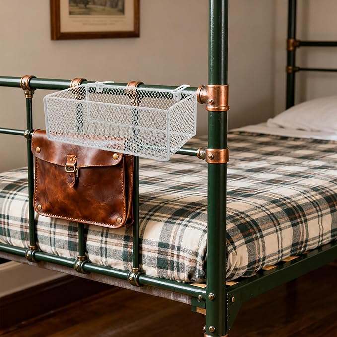 Bedside Organizer - White Bedside Hanging Wire Basket Organizer With Adjustable Hook Spacing - Dormitory Bed Storage Caddy For College Dorm Room Bunk Bed