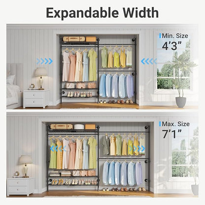 Timate F2 Pro Expandable Wall Mounted Clothes Rack Industrial Pipe Clothing Rack for Hanging Clothes, Heavy Duty Clothes Rack with Shelves, Garment Rack Wall Closet System, Black Pipe Closet Kit