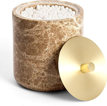 Marble Qtip Holder with Brass Lid for Cotton Swabs,Balls,Pads,Floss Picks Large Capacity Marble Apothecary Jar for Bathroom Essentials Decor, Vanity Makeup Storage Organizer Light Brown (WH080)