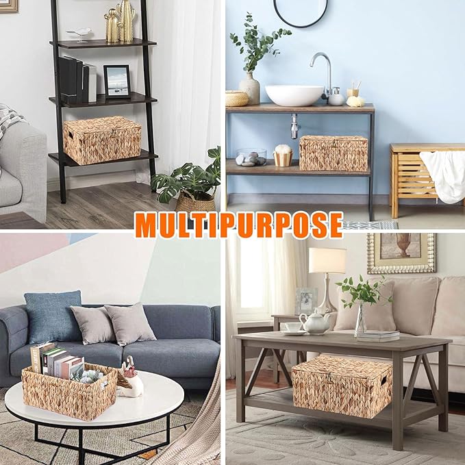 Hipiwe Wicker Storage Basket Bins with Lid, Large Water Hyacinth Baskets Box Rectangular Decorative Shelf Baskets Bin with Handles Handwoven Household Basket Boxes for Shelf Home Organizing