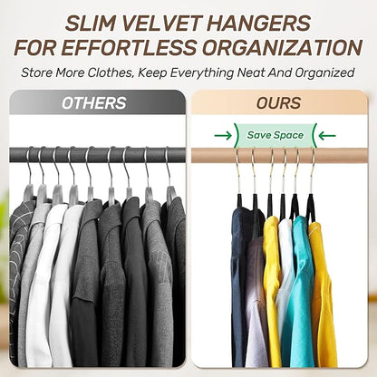 Sishynio Velvet Hangers 30 Pack with Gold Hooks, Non-Slip Slim Felt Hanger for Clothes, Space Saving Heavy Duty Flocked Hangers for Dresses, Coats, Pants(Black)