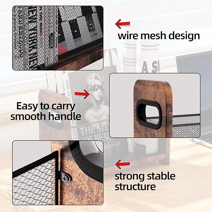 Wood Magazine Holder & Rack - Retro Brown Mesh Storage Basket for Books, Newspapers, Files - Desk/Floor Organizer