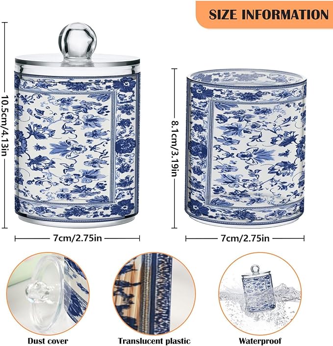 Milk Cow Qtip Holder with Lid 2PCS Apothecary Jars Storage Containers, Clear Plastic Canister for Cotton Swab,Floss Picks, Cosmetics (Porcelain Floral Pattern, one sizex4)