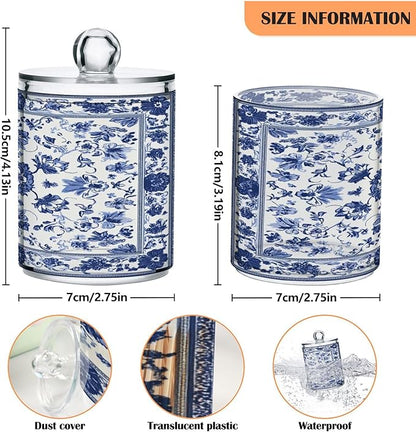 Milk Cow Qtip Holder with Lid 2PCS Apothecary Jars Storage Containers, Clear Plastic Canister for Cotton Swab,Floss Picks, Cosmetics (Porcelain Floral Pattern, one sizex4)