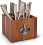 Vagabond House Square Caddy Acacia Wood Flatware/Serve ware/Utensil/Carry-All Holder with Solid Pewter Fleur de Lis Accent, 4 Compartments 7 inch x 7 inch