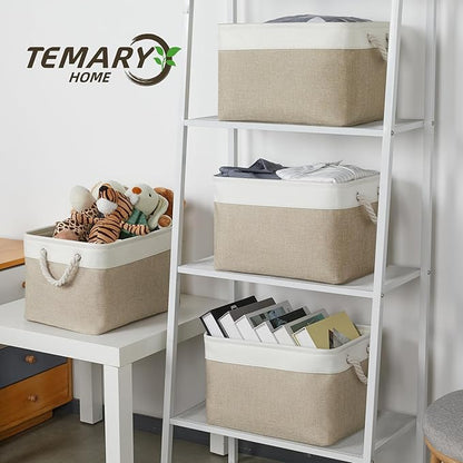 Temary Fabric Storage Baskets 4Pack Storage Bins Decorative Basket for Gift, Clothes Bin with Rope Handle, Rectangle Baskets for Storage, Blankets(White&Khaki,15x11x9.5 inch)