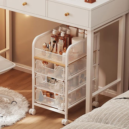Hongtamoya Rolling Makeup Cart Organizer with 3 Drawers, Narrow Floor Skincare Organizers, Cosmetics Display Cases Vanity Organizer for Skin Care Nail Polish Perfume Makeup Brush, White