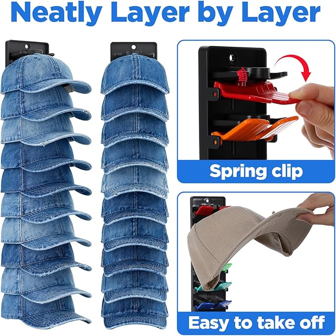 Hat Organizer for Baseball Caps 2 Packs with Built Spring Clips - Wall Mount Closet Hat Rack Holder, Holds 20 Caps, Quick Insert for Door/Closet Display Hats Racks Hanger (Strong Adhesive & Screws)