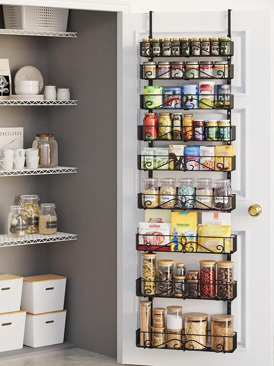 Over the Door Pantry Organizer, 9-Tier Over the Door Pantry Organizer Rack and Storage, Metal Hanging Spice Rack Shelves Door for Home Office Laundry Room Bathroom & Kitchen Organization Black