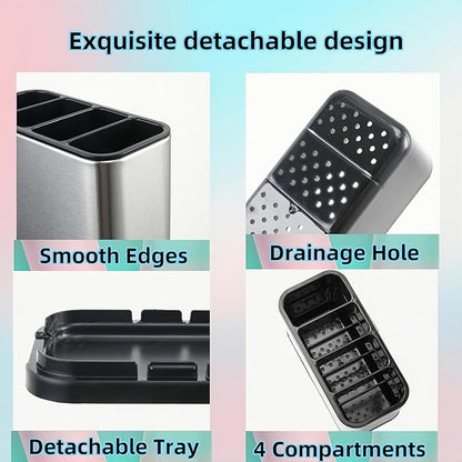 Kitchen Utensil Holder,Utensil Holder for Countertop,Silverware Organizer Stainless Steel Utensil Caddy,Flatware Spoon Knife Fork Cutlery Holder 4 Compartment Caddy